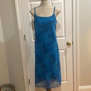 Meghan Matthews sun dress blue sheer lined spaghetti straps summer women size 10